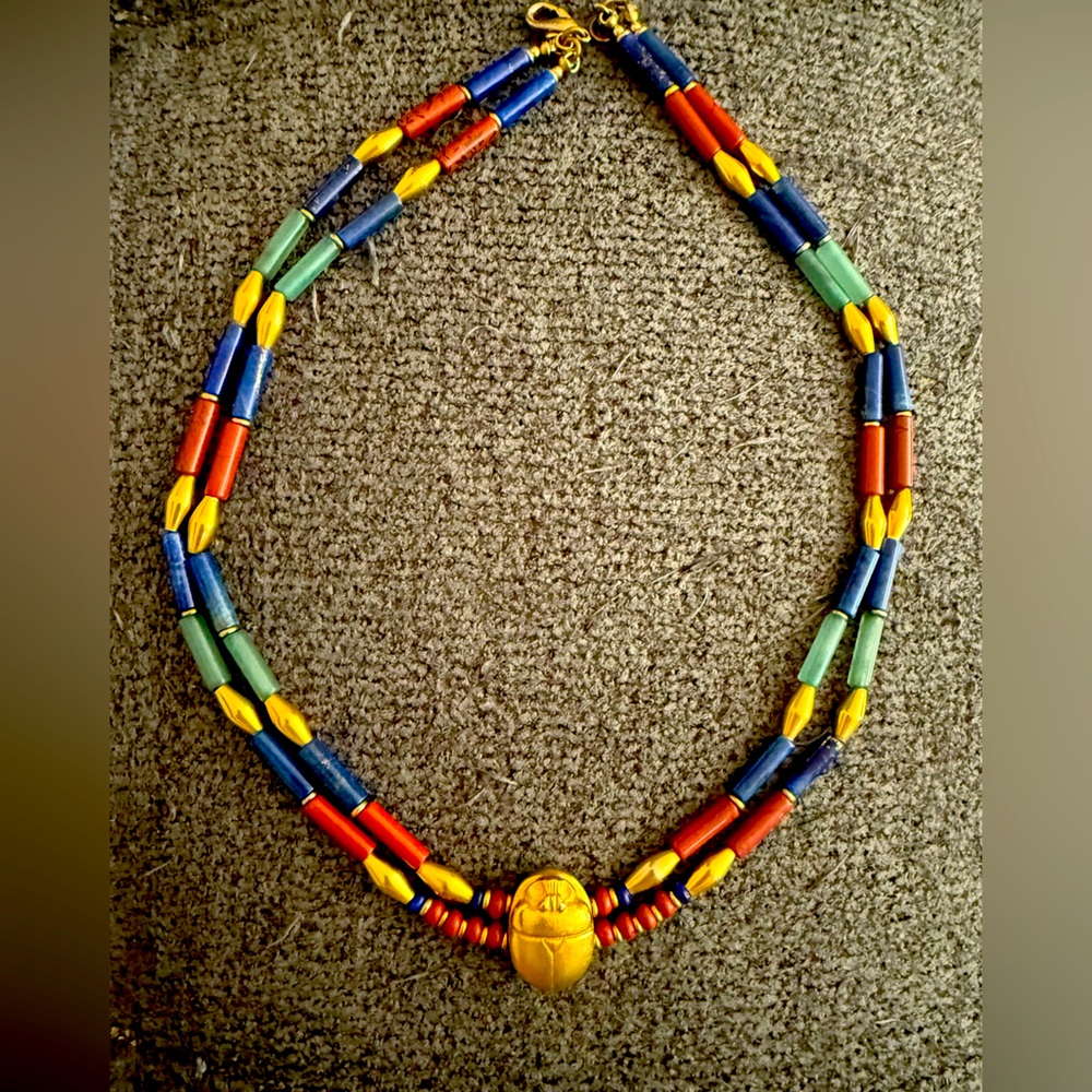 Egyptian Revival Necklace 925 Vermeil Gold Scarab, Lapis, Carnelian, Aventurine